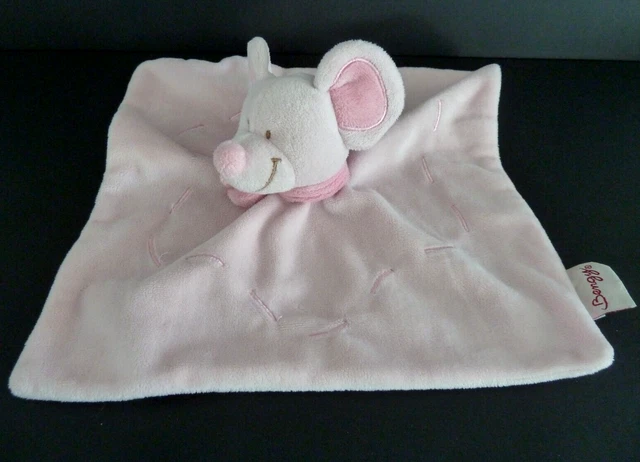DC3. DOUDOU PLAT SOURIS BENGY toute rose / uni avec écharpe carré - TTBE