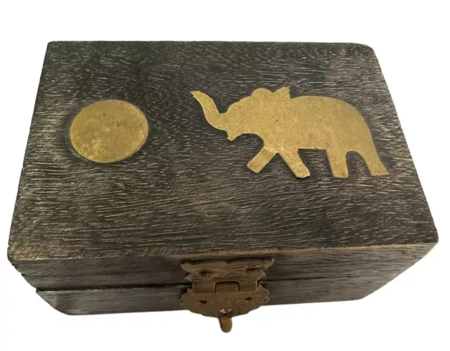 Box Metal Inlay Elephant Jewelry Trinket Small Box Red Lined  Faux Wood Vintage