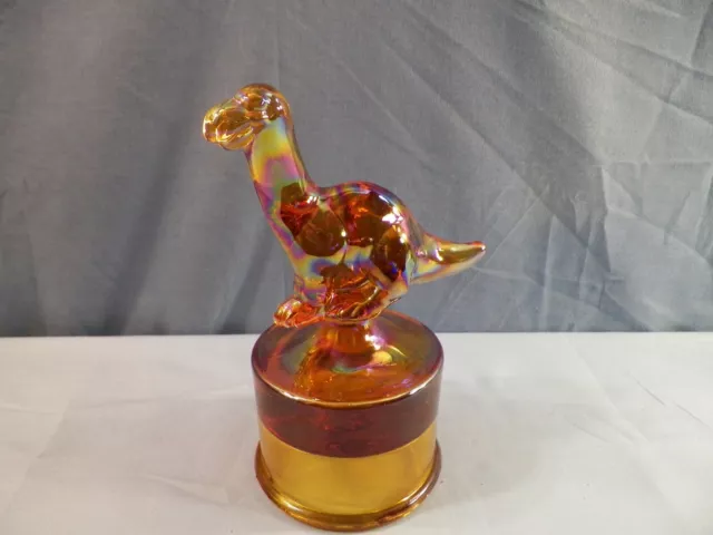 Fenton by Mosser Amber Carnival Glass Dinosaur on the Font Figurine
