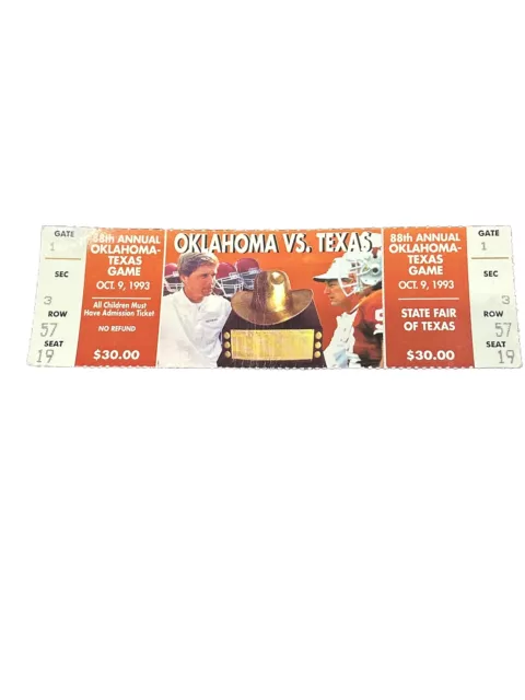 1993 Oklahoma Sooners Texas Longhorns Full Ticket Cotton Bowl Gibbs Mackovic