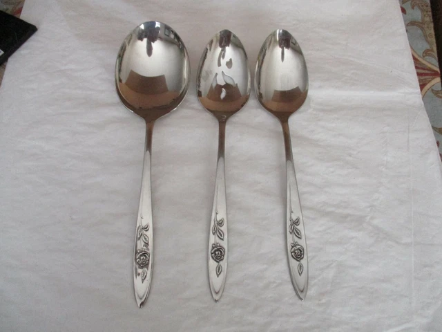 Oneida Community MY ROSE Stainless Serving Spoons (3), Casserole, Pierced, Solid