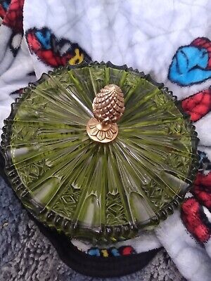 MCM Vintage Green Round Glass Lidded Candy Dish w/ Brass Finial Handle