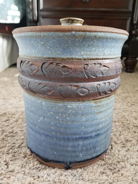 Large Crock Canister Stoneware Blue/Brown Handmade 1976