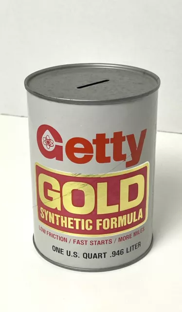 Vintage GETTY GOLD Motor Oil Can Synthetic Formula Round Quart Coin Bank