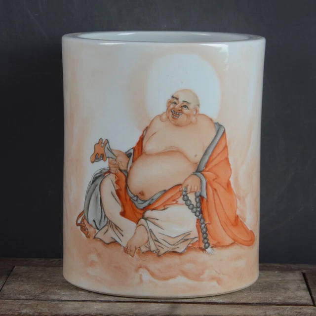 5.9" Collect China Famille Rose Porcelain Hand Painting Sack Arhat Brush Pot