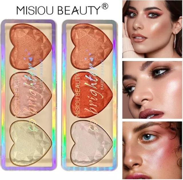 Misiou Beauty 3 Colours Baked Powder Heart Highlighter Blusher Bronzer Palette