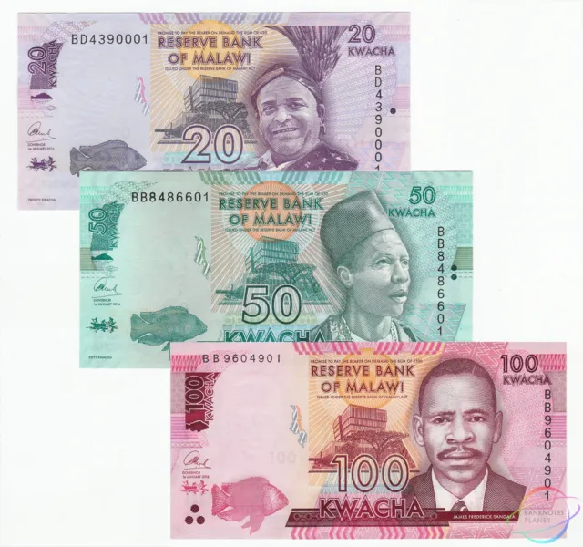 MALAWI 20 50 100 Kwacha SET 3 PCS 2016 P-63 64 65 UNC Uncirculated