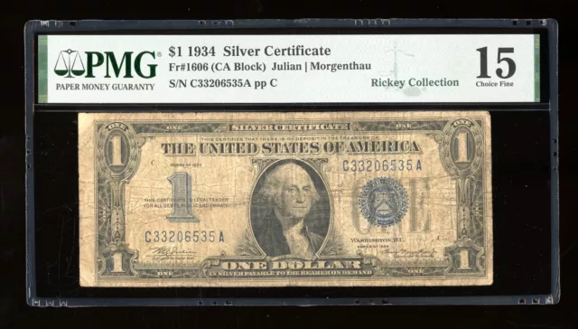 DBR 1934 $1 Silver Funnyback Fr. 1606 CA Block PMG 15 Serial C33206535A