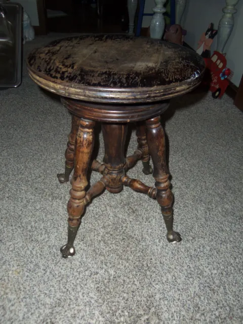 Vintage Antique Piano Stool With Claw Glass Feet