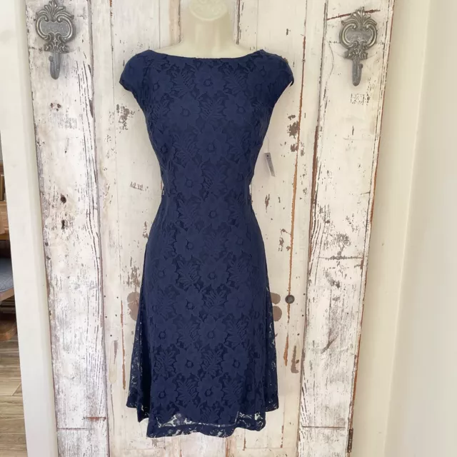 American Living by Ralph Lauren Sz 12 Womans Navy Blue Lace Career Party Dress
