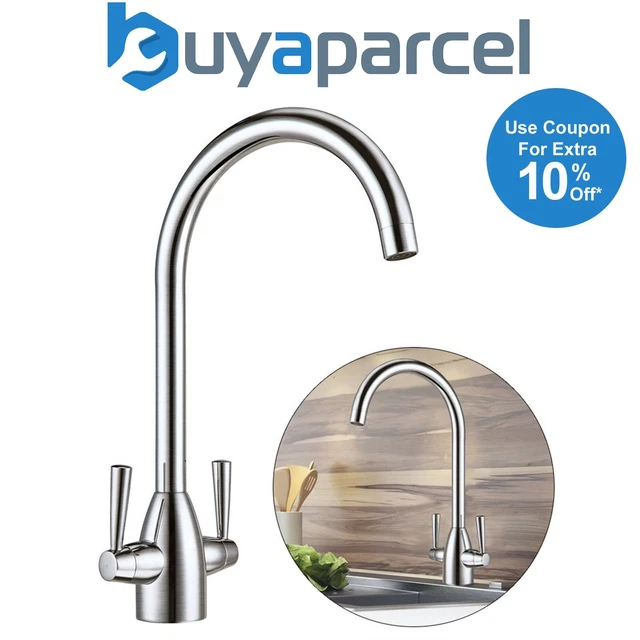 Modern Mono Kitchen Sink Mixer Tap Brushed Nickel Twin Lever Swivel Spout +Flexi
