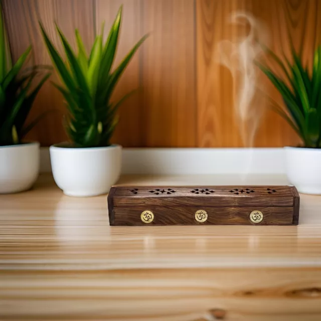 Bamboo Incense Burner Stick Holder OM Hollow Wooden Aromatherapy Box