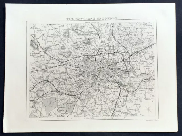 1836 Thomas Moule Antique Map of London & Environs, Barclays Dictionary