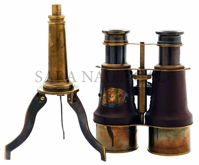 Nautical Telescope  Antique Brass Binocular Leather Desk With Table Tripod Stand