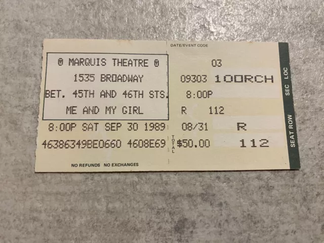 BROADWAY Marquis Theatre Ticket Stub “Me And My Girl” Sept 1989 VGC