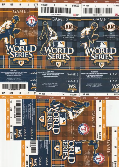2010 San Francisco Giants Vs Texas Rangers World Series Games #1-5 Ticket Stubs