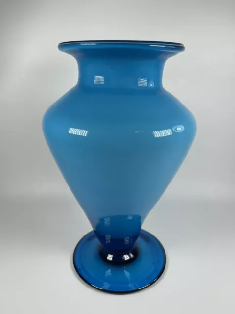 Hand Blown Light Blue & White Cased Art Glass Vase 9" Mid Century Style