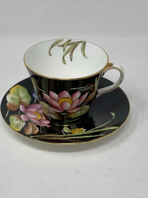 RARE Aynsley Pink Lotus Water Lily Black Bone China Cup & Saucer 1930-35 B4155