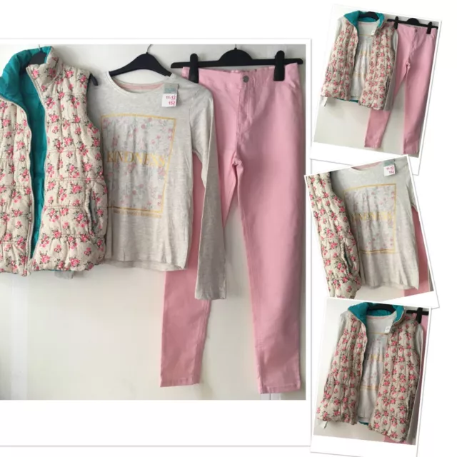 FF new girls pink chino jeans & new prk kindness top & exc u gilet 11-12 years