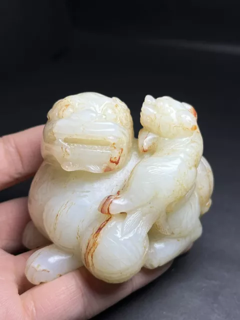 Chinese Exquisite Handmade Lion carving Hetian Jade Statue