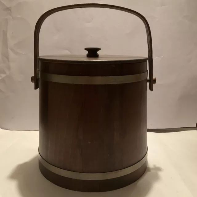 Vintage Basketville Putney Vermont 10” tall Wood Barrel Ice Bucket Handle/ Liner