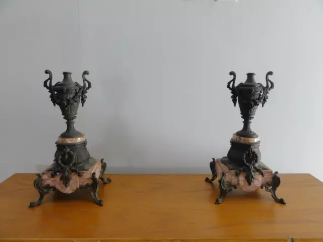 French First Empire Era Antique Pair Candle Holders Italian Red Marble & Spelter