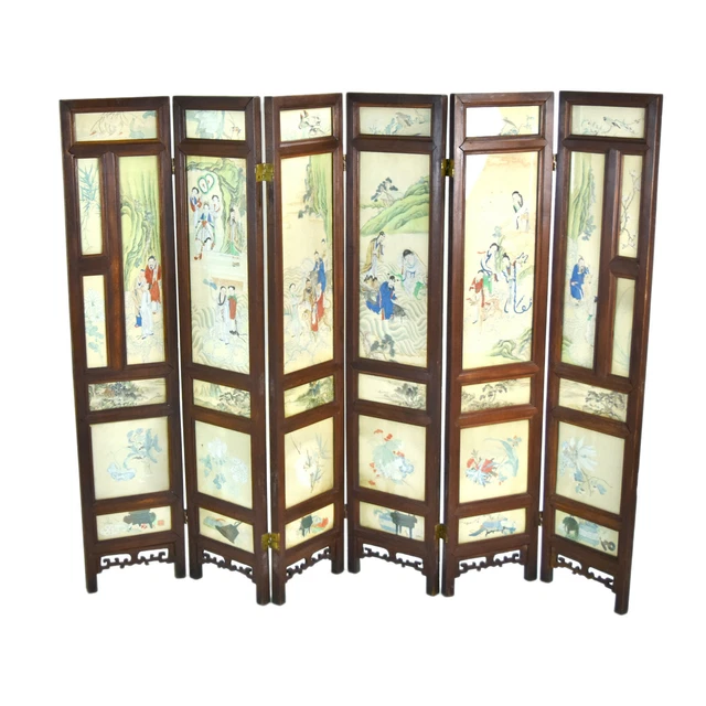 Fine Chinese Antique 19th C Room Divider Folding Screen w Hand Painted Panels