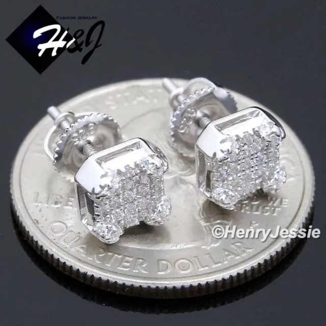 Men Women Solid 925 Sterling Silver Icy Bling Cz 7Mm 3D Square Stud Earring*E241