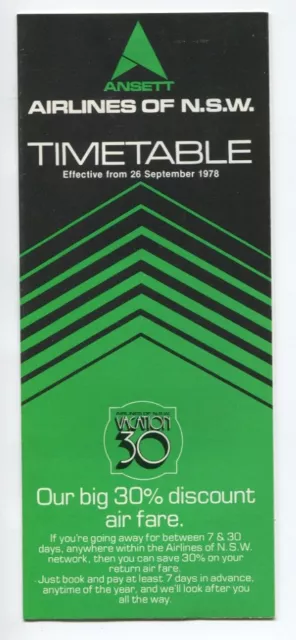 Ansett Airlines Of N.s.w. Timetable September 1978 Australia