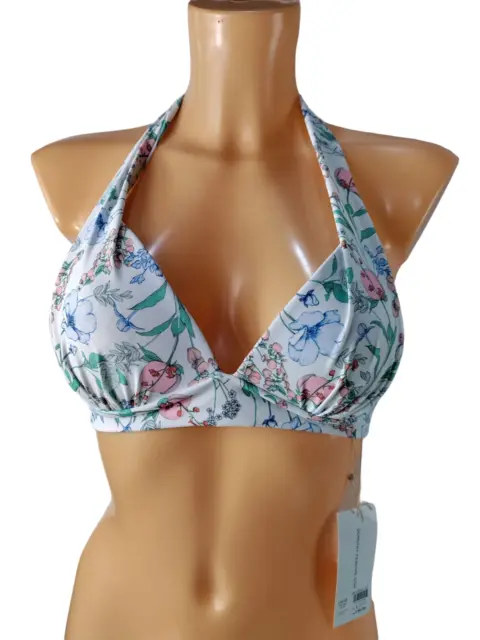 Bnwt Dorothy Perkins Uk 12 Blue Pink Floral Padded Push Up Halterneck Bikini Top