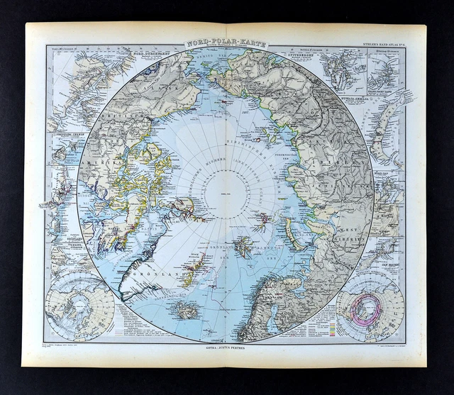 1892 STIELER WORLD Map - North Pole Arctic Ocean Greenland Canada