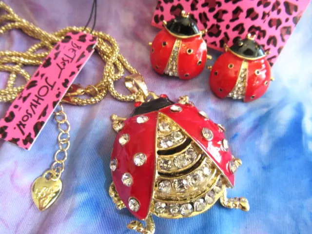 Betsey Johnson Red Crystal Enamel Ladybug Pendant Necklace & Earrings Nwt
