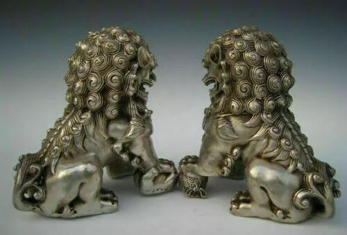 Antique Old Tibet Silver Lion Fu Foo Dogs Door guard Lions lucky Statues A Pair 3
