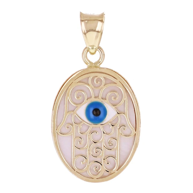 14K Solid Yellow Gold Evil Eye Hamsa Luck Pendant – Two-Tone, Diamond-Cut, No Stone (#2208333)