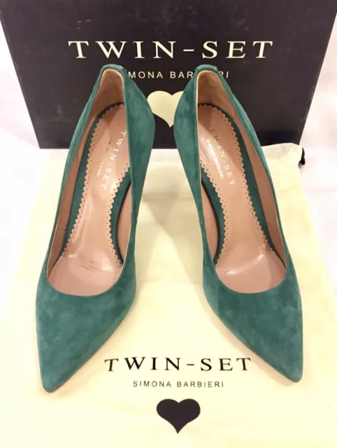 TWIN-SET SIMONA BARBIERI Décolleté Escarpins Chaussures Cuir Vert Neuf Box