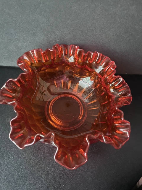 VTG FENTON Red/Orange Bowl ~ AMBERINA 8" wide Thumbprint Ruffled BOWL 4" tall
