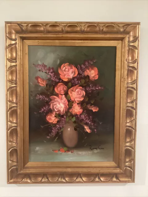 Robert Cox . Painting On Canvas “ Late Fall Roses” With Gold Wood Framed