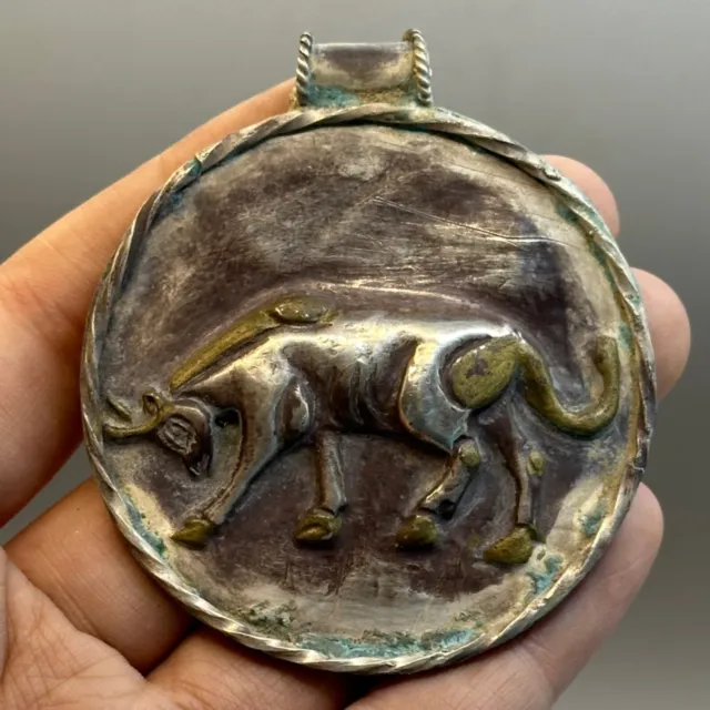 Museum Quality Ancient Greek Pure Silver 18k Gold Gilded Bull Image Amulet