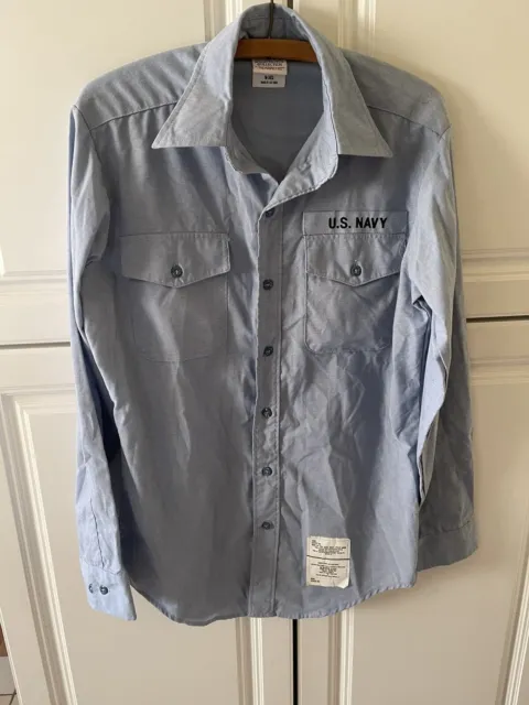 VINTAGE 1990S USN Chambray Shirt Long Sleeve Blue Cotton Medium US Navy ...