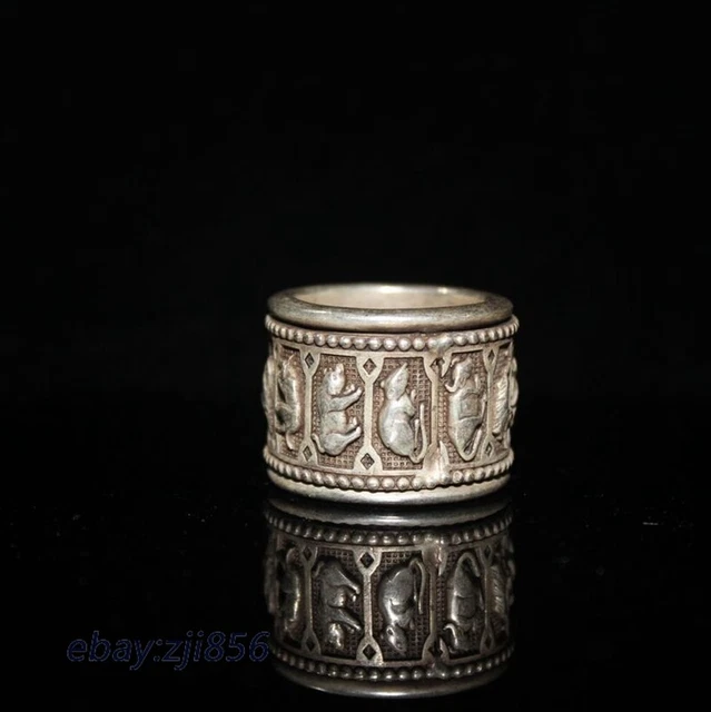 Chinese Old Tibetan silver  carved Zodiac rotate Ring 6057