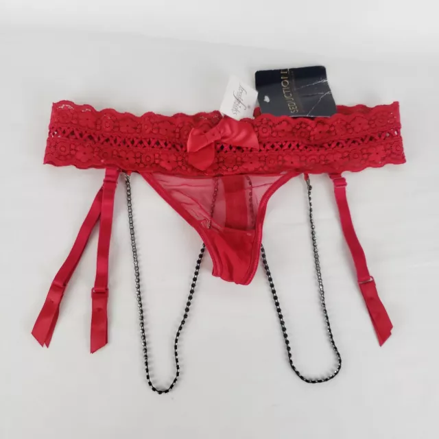 Fredericks of Hollywood M Red Lace Panties Garter Rhinestone Missing 1 strap