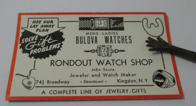 Vintage circa 1949 Rondout Watch Shop, Kingston, NY Ink Blotter, Bulova Watches