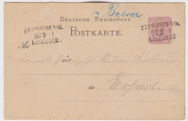 DR GA 5 Pf. 1880 Bahnpost Frankfurt a/M. - Eisenach mit hs. Aufgabe Bebra