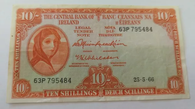 25.5.1966 Central Bank Of Ireland 10 Shillings Bank Note Lady Lavery