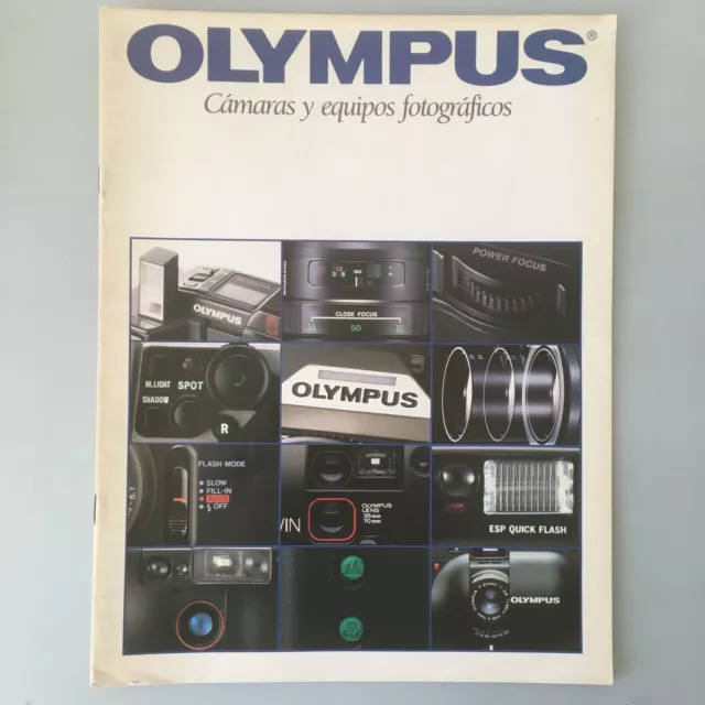 Folleto de gato guía de ventas de cámaras y equipos Olympus vintage. 1988 20 p. ESPAÑOL