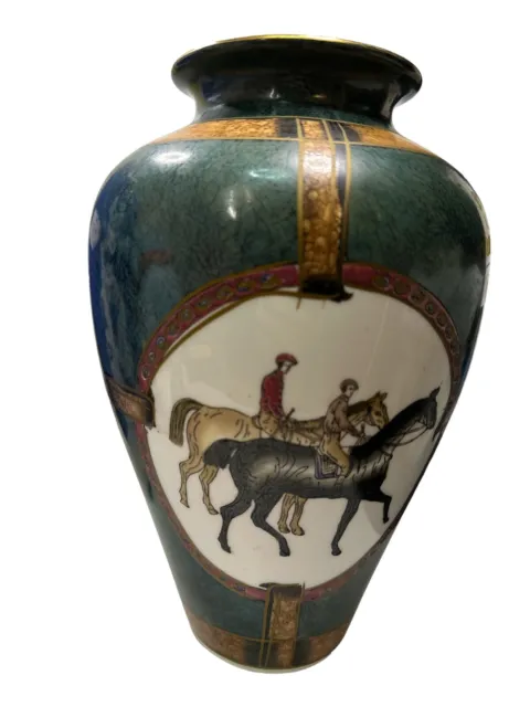 Vintage WBI Chinese Ceramic Equestrian Vase With Horse And Jockey Racing