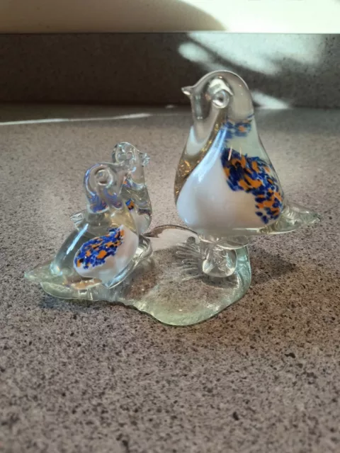 Art Glass Mama and Baby Bird Figure Sculpture, Blue And Orange, 6"x4.5"