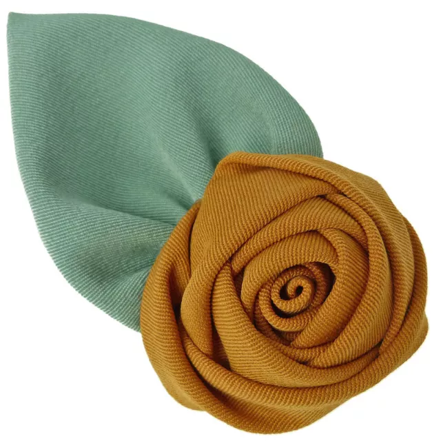 Broche élégante rétro Fleur rose en tissu toile Jaune Moutarde et feuille Verte