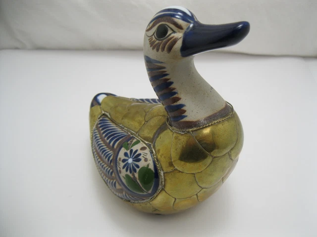 Vintage Mexican Tonala Duck Hand Painted Glazed Ceramic Pottery Brass Plated
