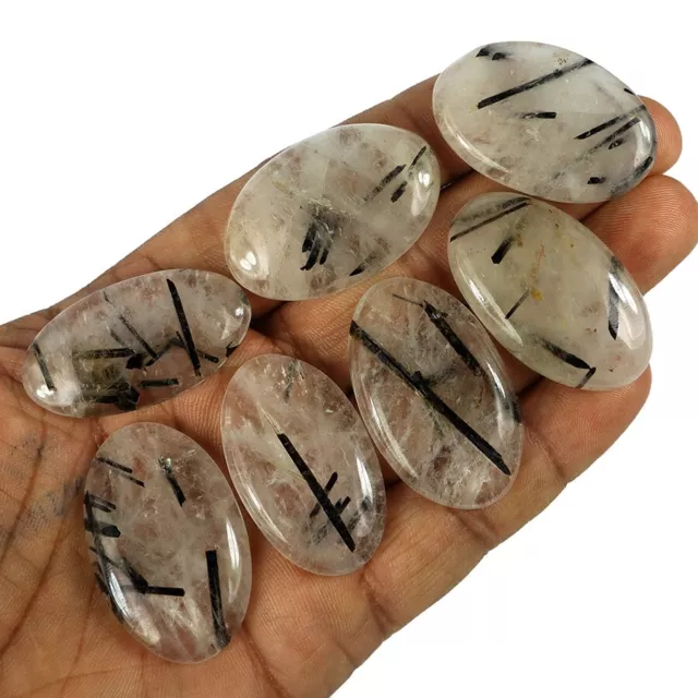 346 CT / 7 PC Naturel non Traité Noir Rutile Quartz Ovale Cab Gemme Lot 37-39 MM 2